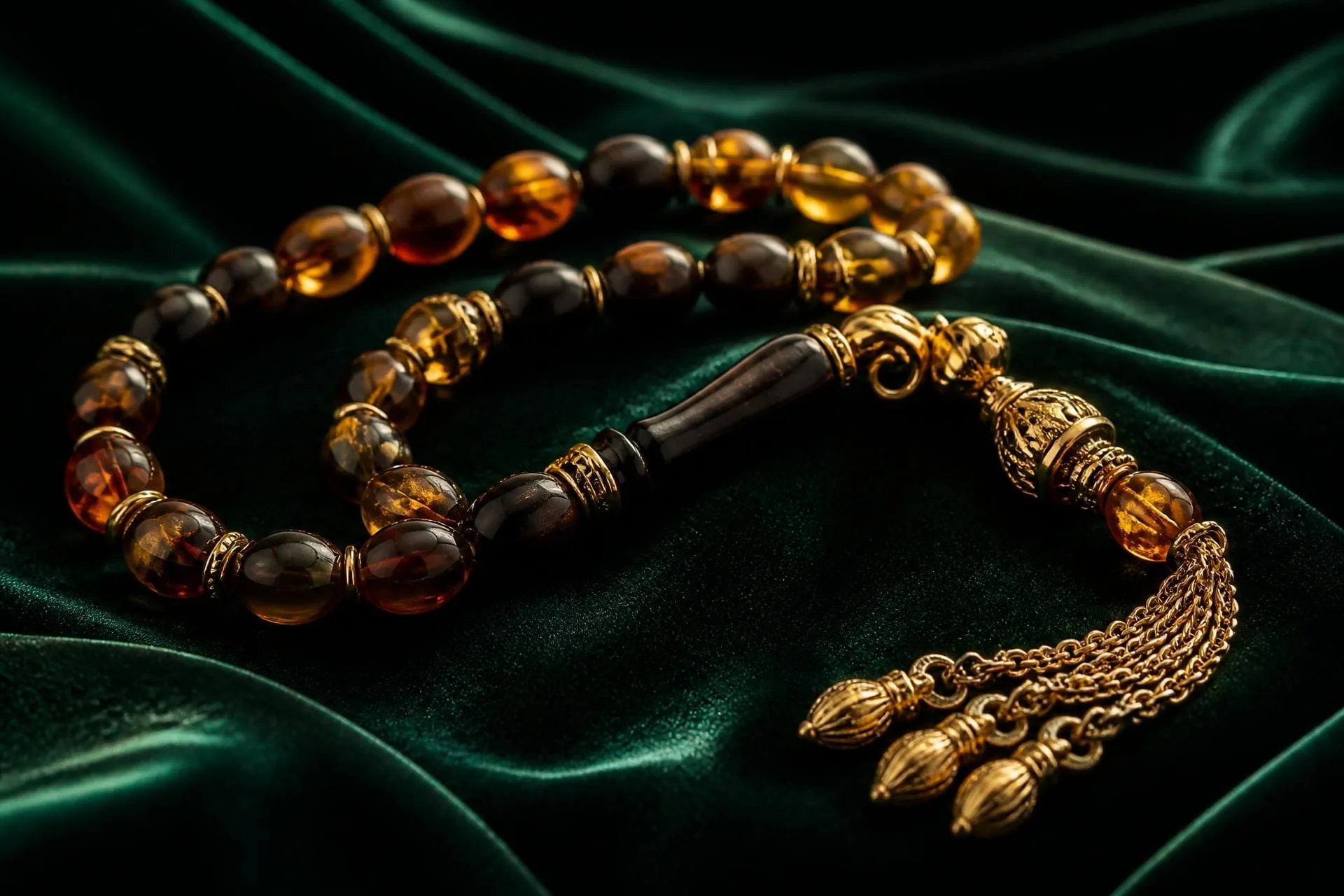Handmade amber tesbih on emerald velvet